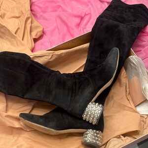 MIU MIU.Elegant Black Suede Knee-High Boots with Crystal Heels